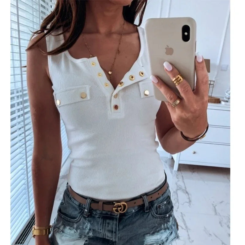 S-5XL New Casual Vest Blouse Ladies Fashion Tank Tops Summer Women's Fashion Slim Sexy Button Shirt Cotton Sleeveless T-shirt