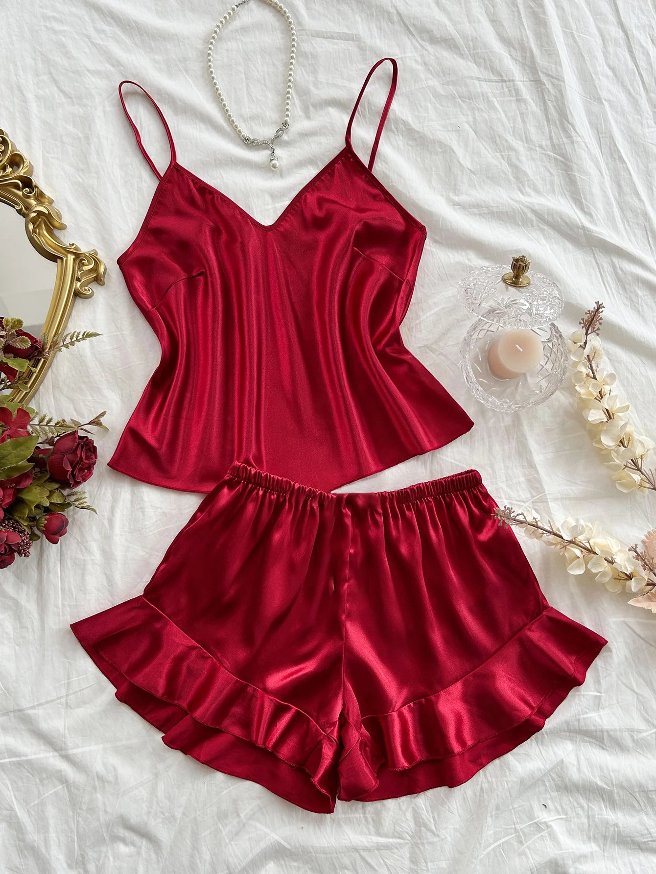 Plus Size Women's Fashion Sexy V-neck halter top with ruffled Shorts Pajama Set 2pcs