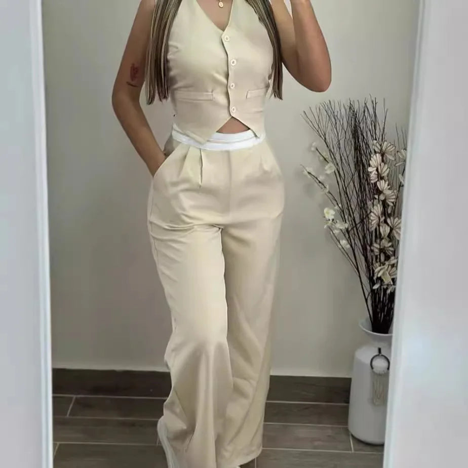 Elegant Two Piece Sets For Women 2025 Summer Buttoned Vest Top & Pocket Decor High Waist Wide Straight Leg Pants Set Streetwear