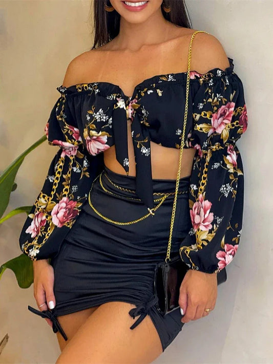 Sexy 2 Piece Lantern Crop Top & Skirt Set