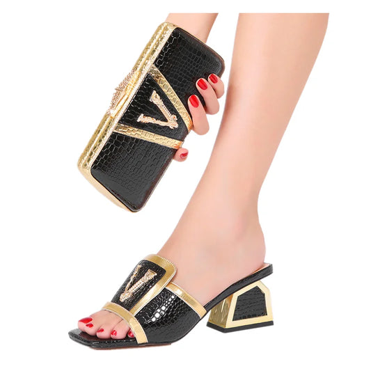 Women's High Heel Dress Sandals with Clutch Purse Set Sparkling Crystal V-Strap Party Sandals for Wedding Evening, Prom Non-Slip