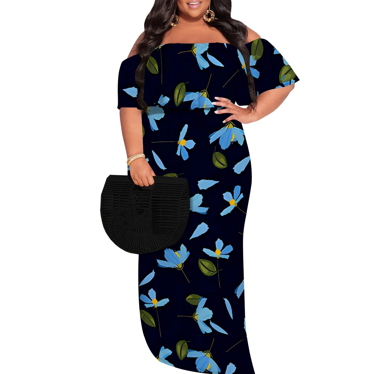 Plus Size Elegant Off Shoulder Dress for Women Blue Floral Print Summer Holiday Look