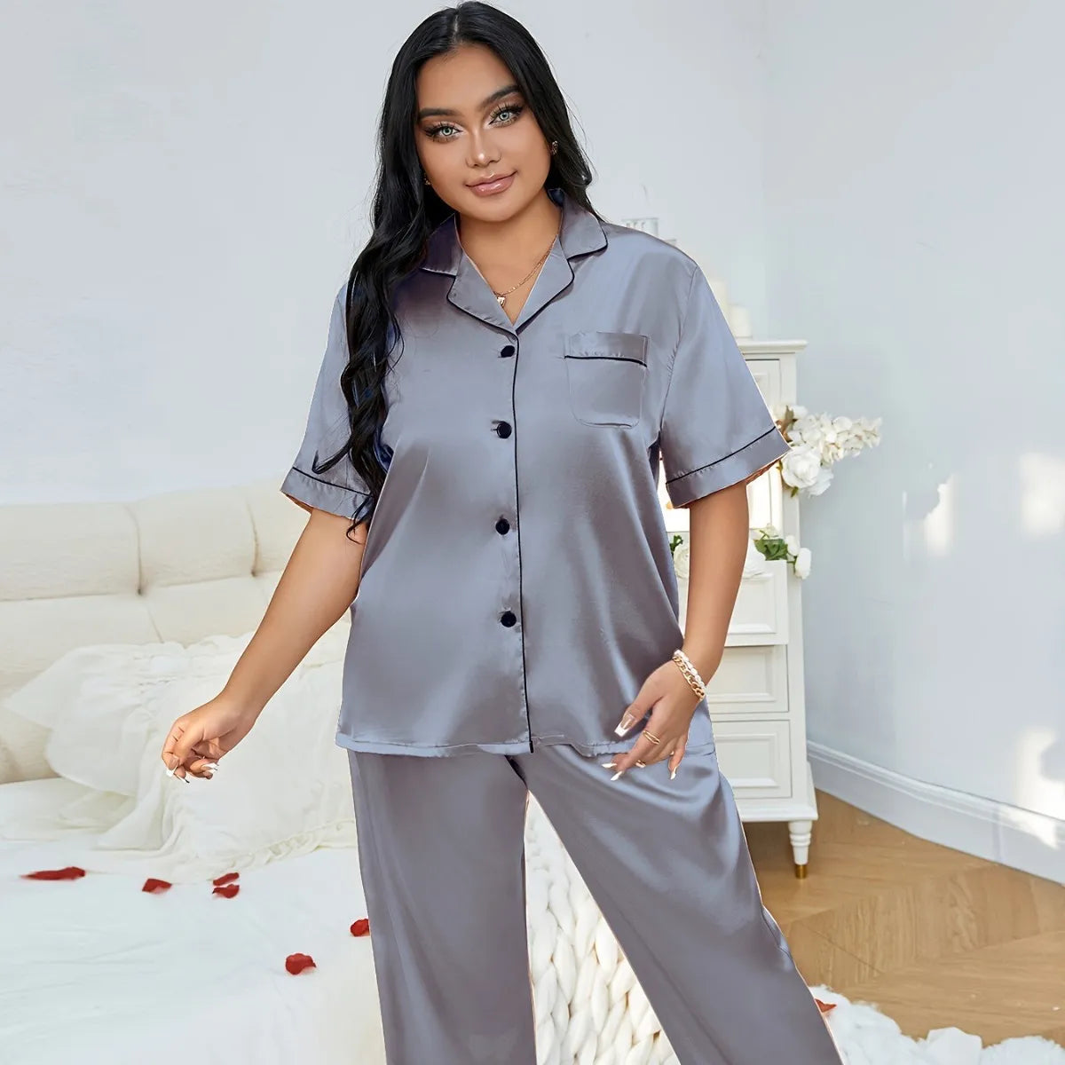 Plus Size 3XL 4XL 5XL Women's Sleepwear Pajamas Set Spring Summer Short Sleeve Trouser Suits Loungewear Loose Satin Homewear