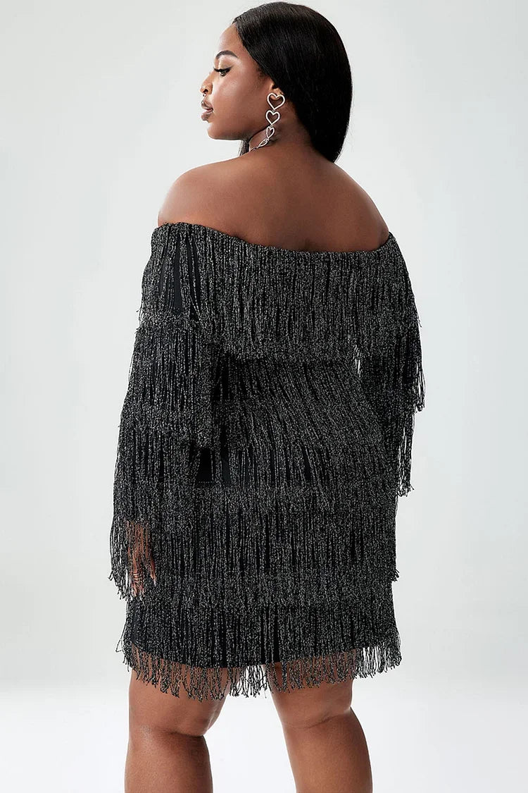 Plus Size Homecoming Dress Black Off The Shoulder Fringe Mini Party Dress