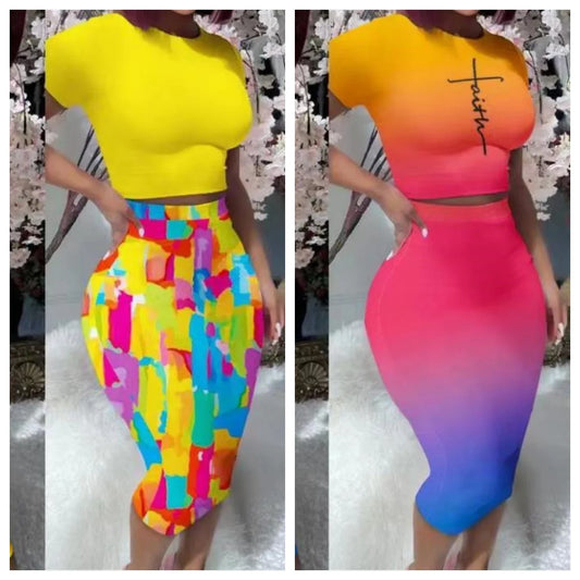 2 Piece Short Sleeve & High Waist Skirt Set