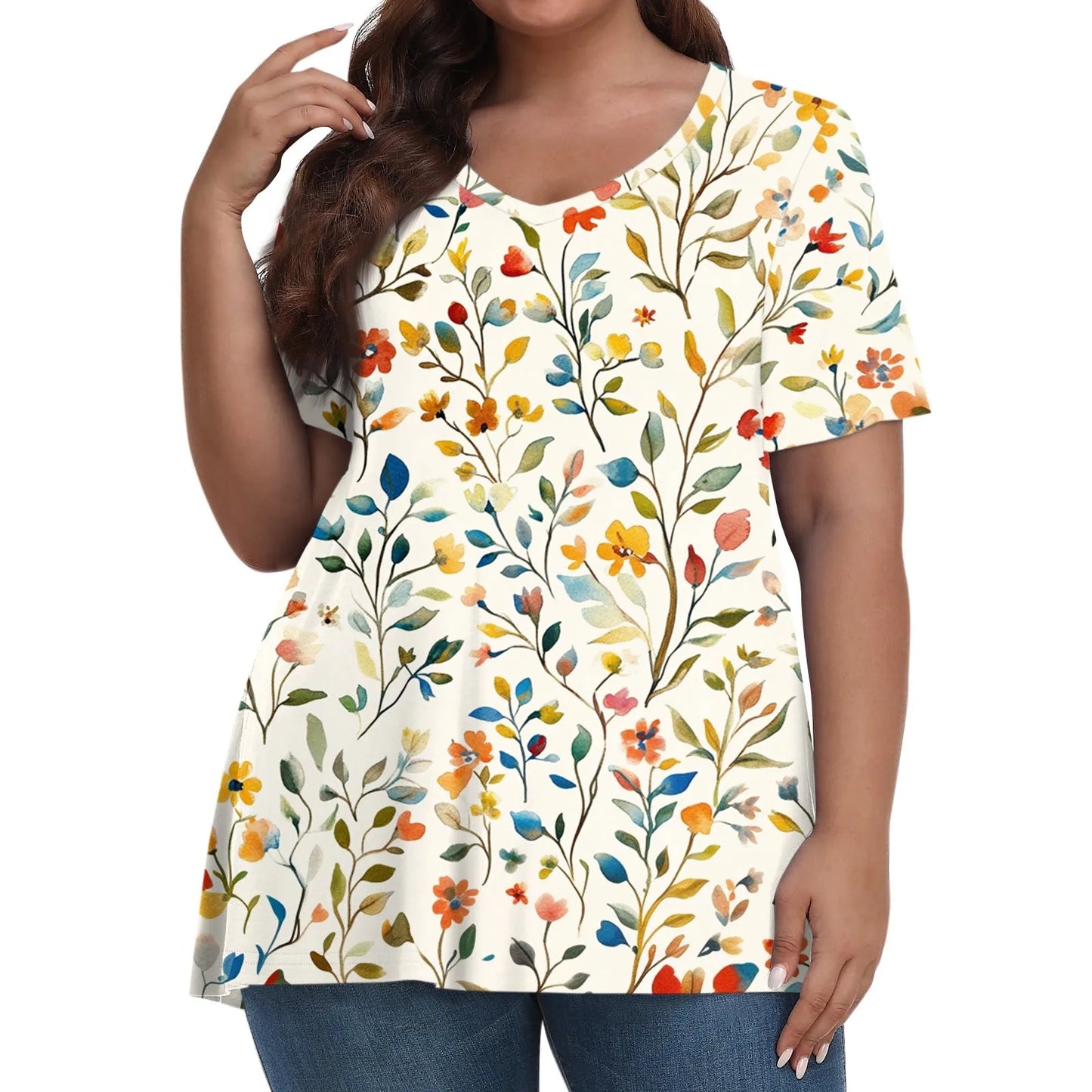 Plus size summer loose t shirt women's fashion casual v neck pullover short sleeve large size floral printed t-shirts top