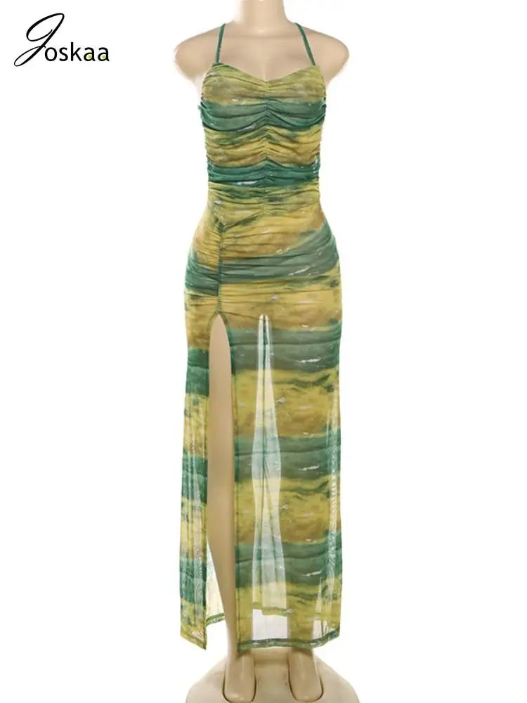 Joskaa Print Mesh See Through Long Vacation Dress Women Sexy Spaghetti Strap High Split Backless Bodycon Vestidos Party Clubwear