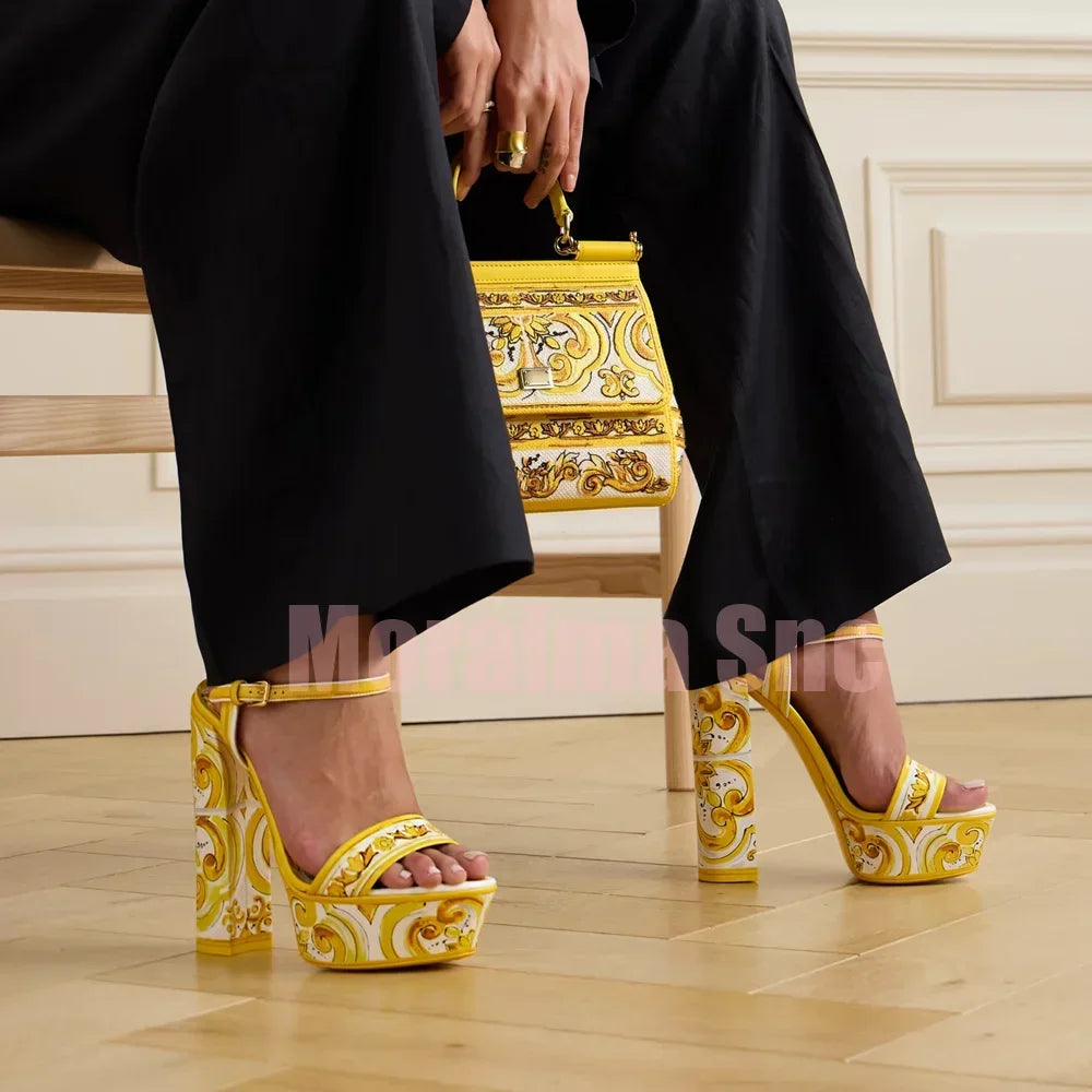 Luxury Printed Platform Sandals Round Open Toe Block High Heeled Ankle Buckle Strap Sexy Fashion Women's Summer Shoes Banquet