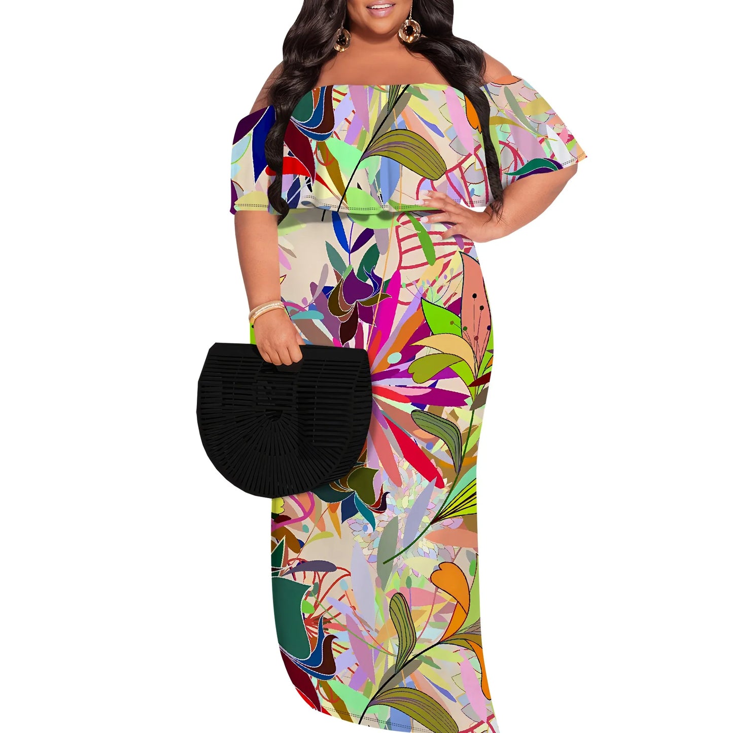 Plus Size Elegant Off Shoulder Dress for Women Blue Floral Print Summer Holiday Look