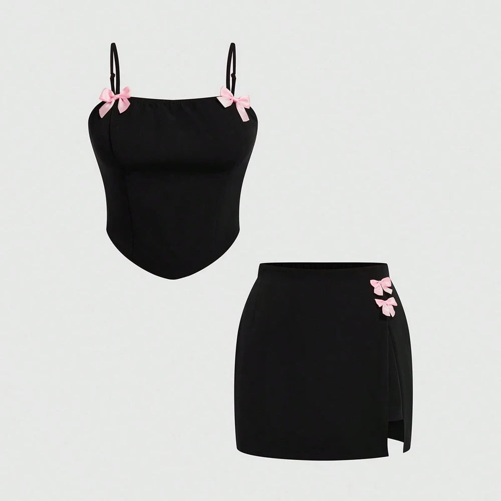 Top & Bowknot Slit Skirt Two Piece Set