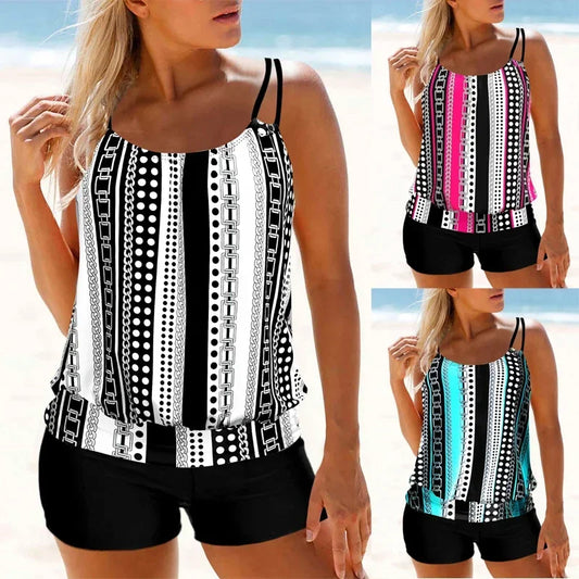 Summer Women's High-quality Two-piece Swimsuit Set, Beach Retro Striped Print Two-piece Swimsuit Set S-6XL