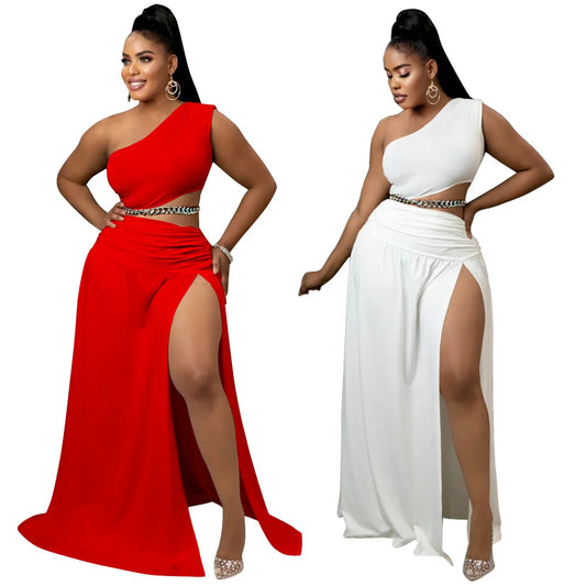 One Shoulder Top Side Split Skirt 2 Pieces Set