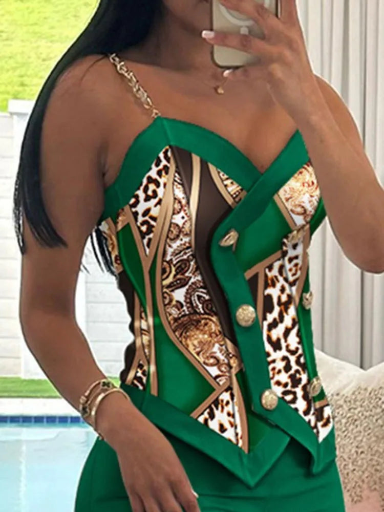 Sexy Women's 2-Piece Suit Summer Fashion Double Breasted Chain Strap Slim Top Straight Leg Long Pants Set For Women Sports Suit