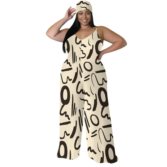 Plus Size Printed Jumpsuit - Strapless Wide Leg Romper with Scarf, Boho Palazzo Pants for Women