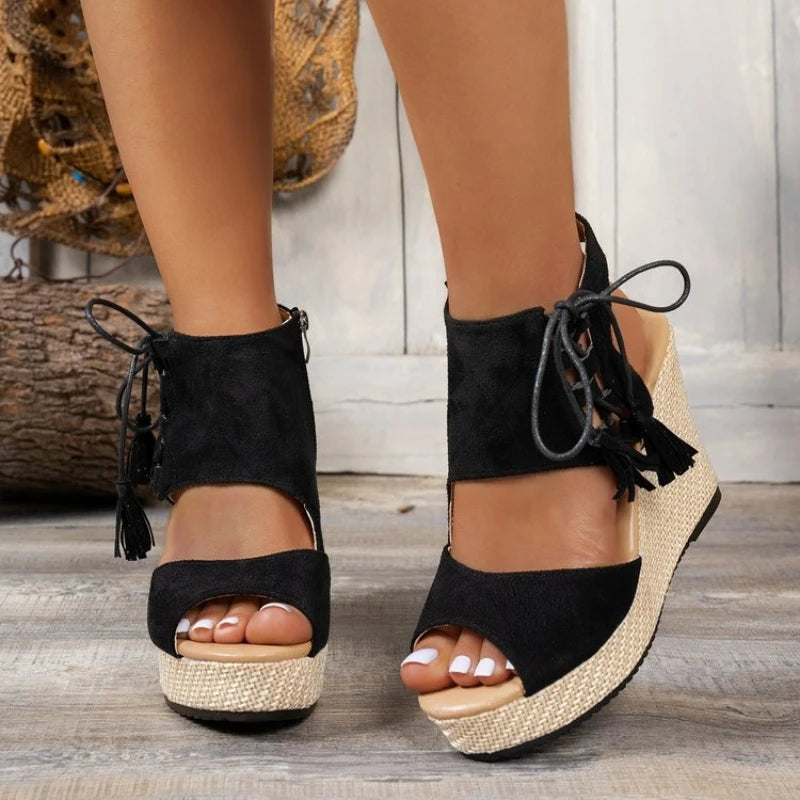 Summer Khaki Suede Leather Women's Thicken High Heels Hollow Out Sandals Sexy Elegant Platform Wedges Open Toe Ladies Shoes