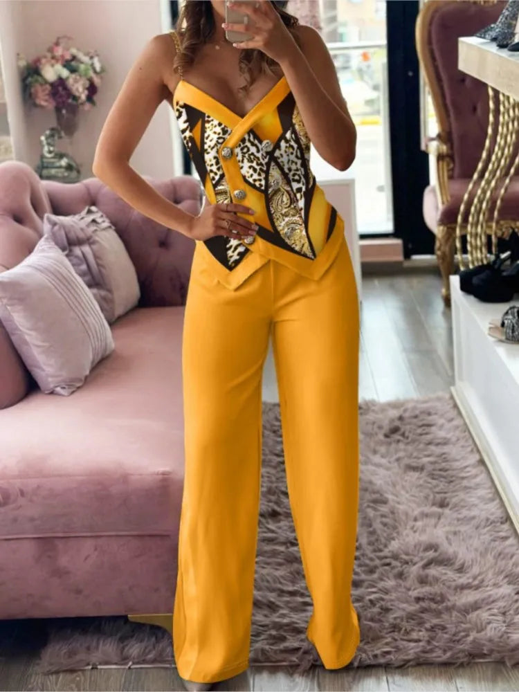 Sexy Women's 2-Piece Suit Summer Fashion Double Breasted Chain Strap Slim Top Straight Leg Long Pants Set For Women Sports Suit