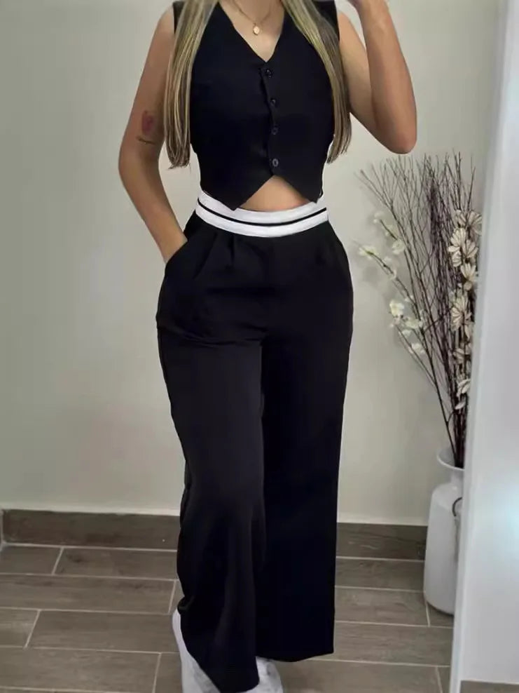 Elegant Two Piece Sets For Women 2025 Summer Buttoned Vest Top & Pocket Decor High Waist Wide Straight Leg Pants Set Streetwear