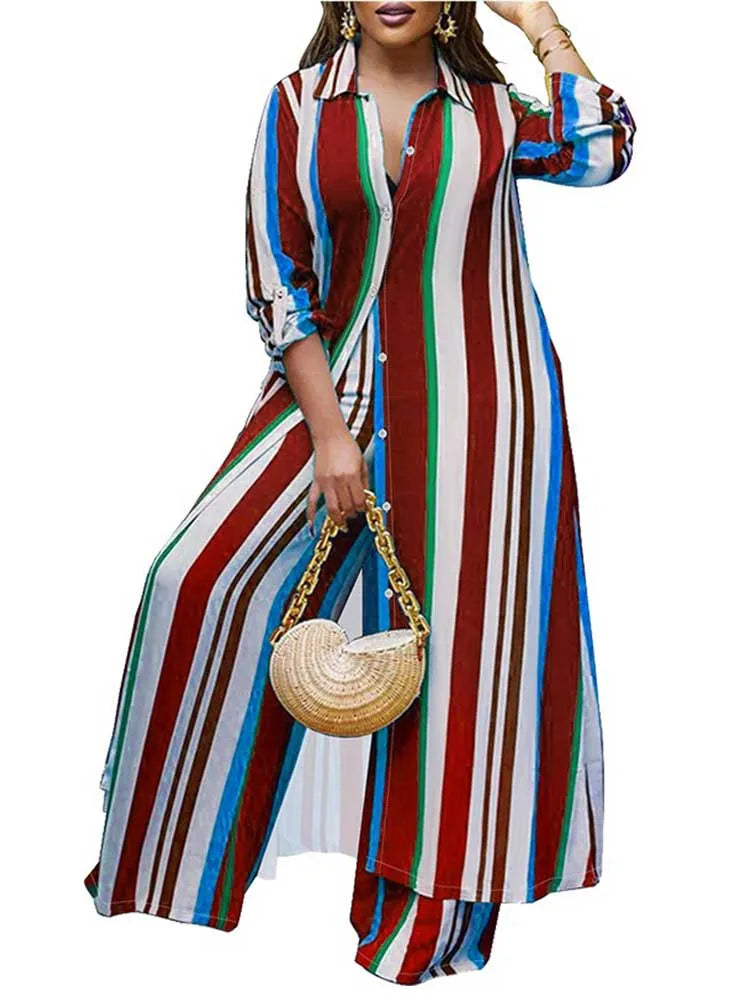 Elegant 2-piece Sets for Women Fall Winter Outfits Pants Suit with Long Shirt Blouse Full Sleeve Striped Plus Size Matching Sets