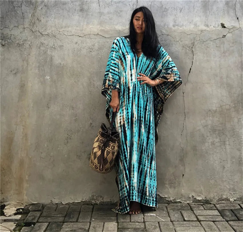 Plus Size Boho Cover Up Dress, Women's Plus Colorblock Floral Print Bat Sleeve V Neck Slight Stretch Split Cover Up Dress