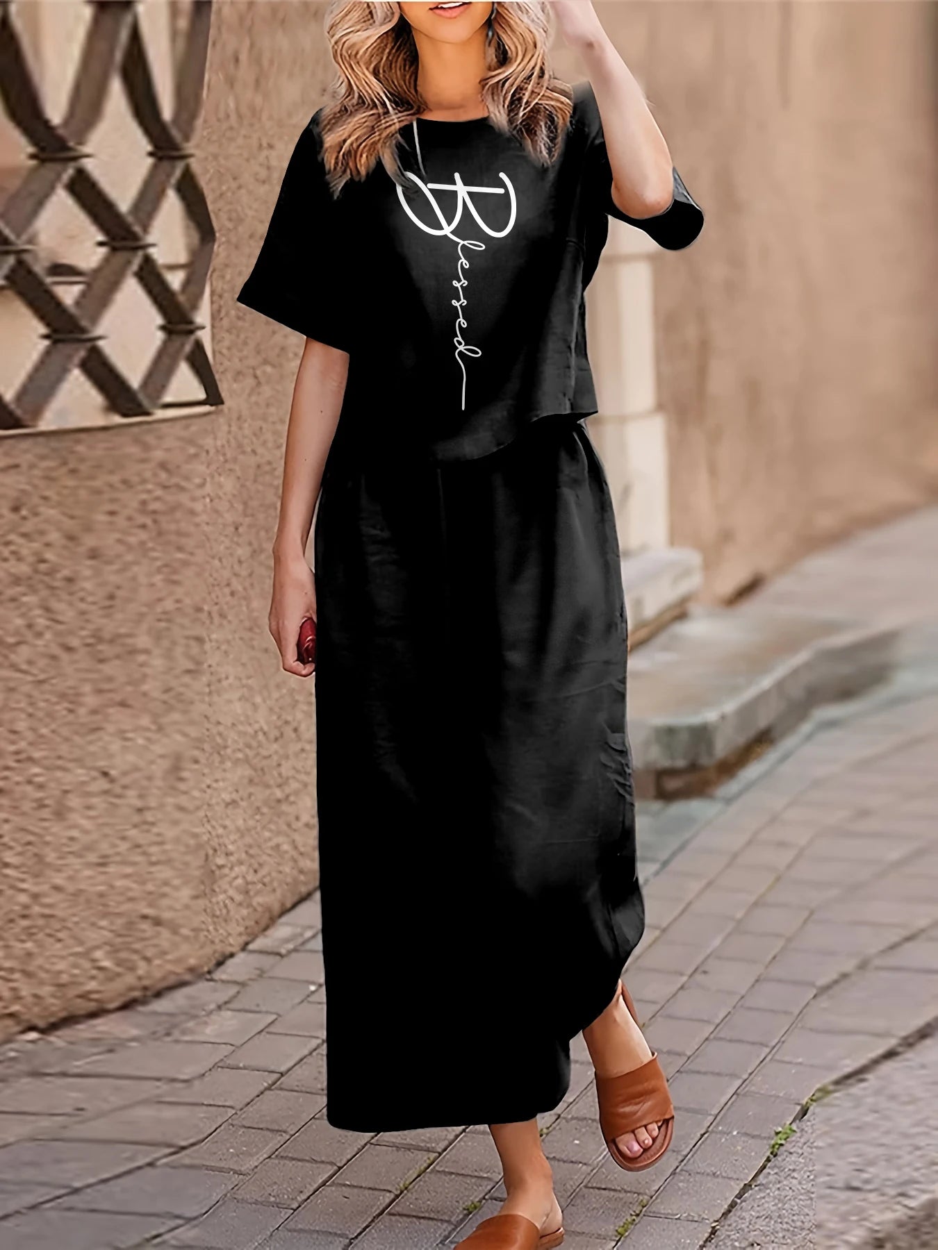 Plus Size Women's Casual Two-piece Set Suit Printed Short-sleeved T-shirt Trousers Two-piece Set Loose Crewneck