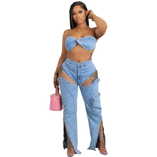 Denim 2 Piece Halter Top Hollow Out Jeans Set