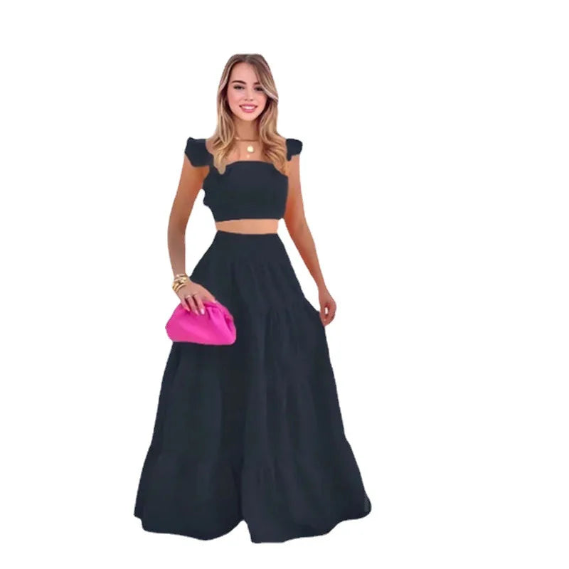 Dress Set Two-piece Women's Clothing Solid Color Sexy Suspender Large Swing Skirt Short Sleeved Square Neck Top Summer Outfits