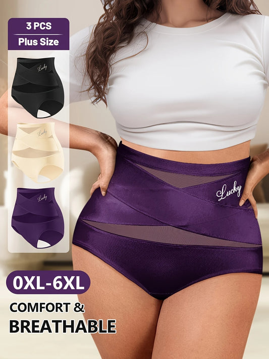 Set of 3 Plus-Size High-Waisted Shaping Panties for Women, Made of Breathable Mesh with Cross-Shaping Design, Seamless, And