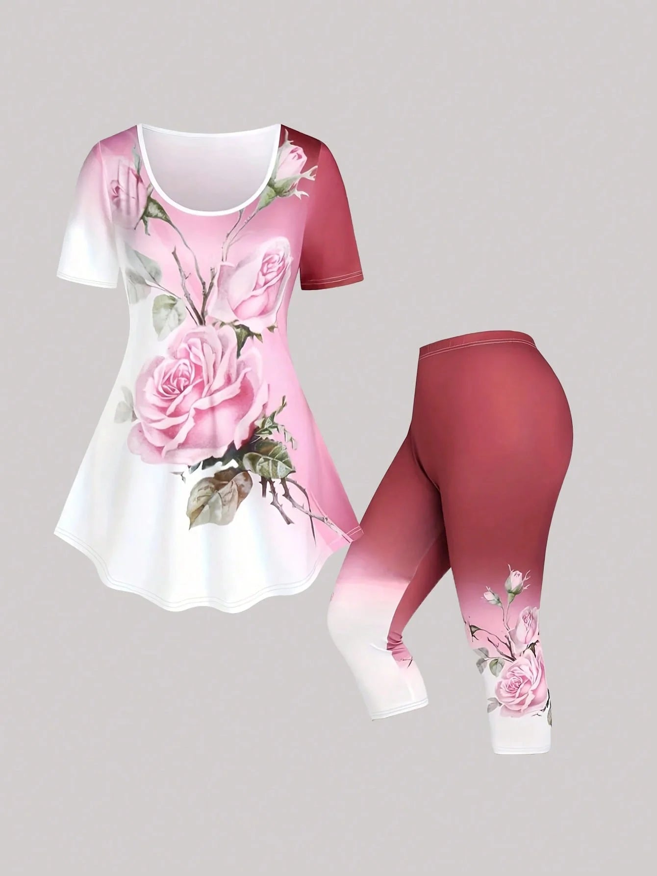 Plus Size Floral Print Two-piece Set, Crew Neck Short Sleeve Top & Skinny Capri Pants Outfits, Women's Plus Size Clothing