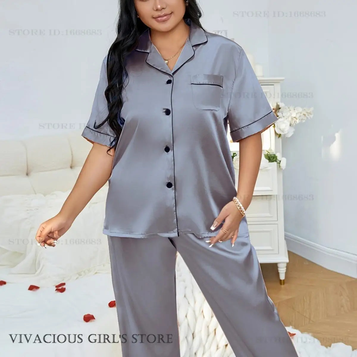 Plus Size 3XL 4XL 5XL Women's Sleepwear Pajamas Set Spring Summer Short Sleeve Trouser Suits Loungewear Loose Satin Homewear