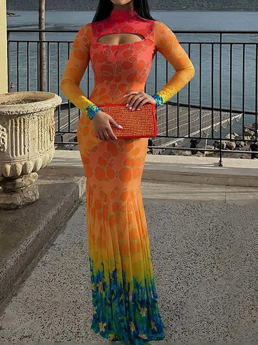 Fashion Hollow Out Long Sleeve Fishtail Dress Elegant Bodycon Printed Vacation Dress Autumn New Slim Pleated Wrap Hip Dress Lady