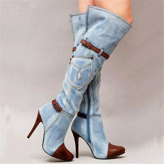 Fashionable Knee High Denim High Heel Boots