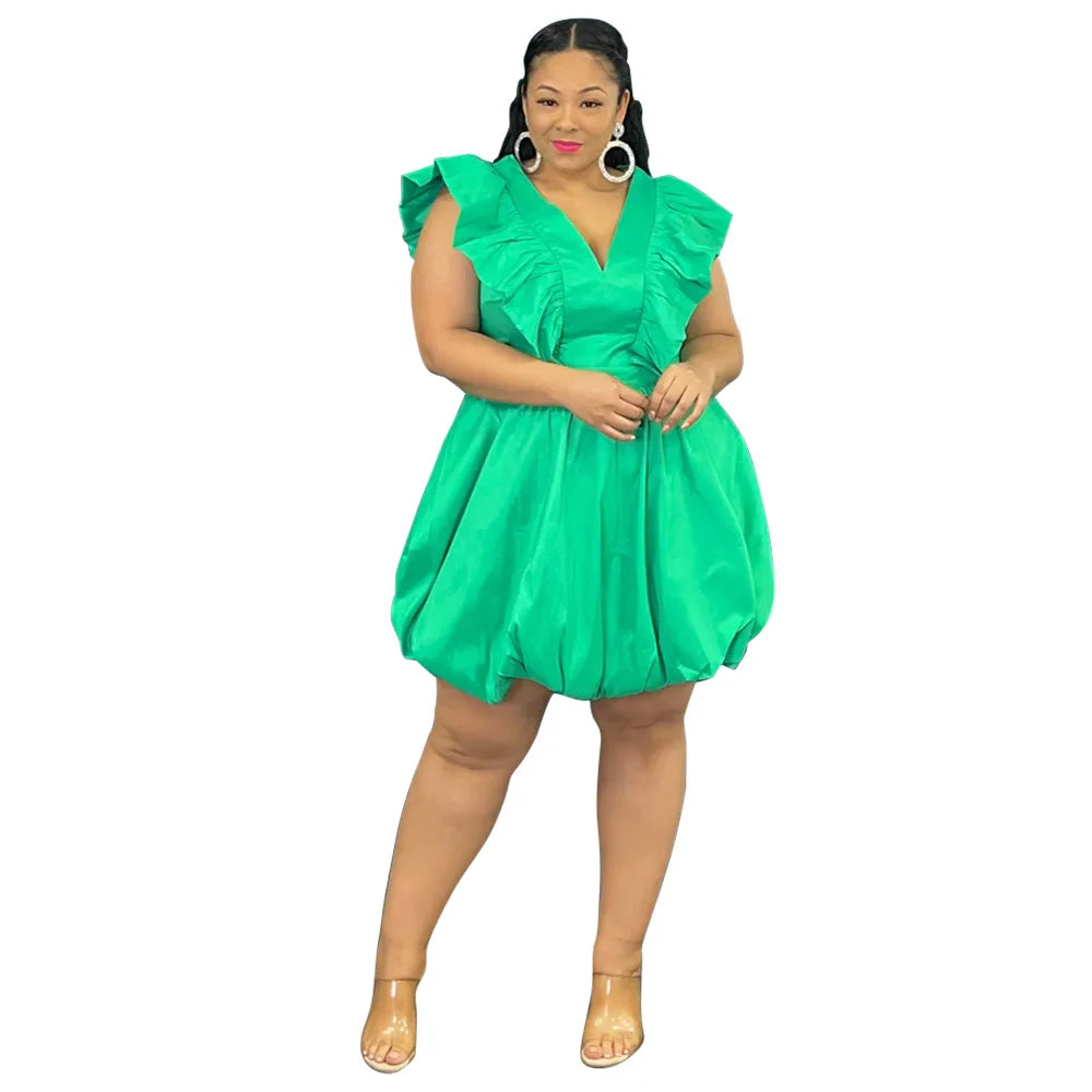 New Arrivals Vintage French Style Women Puff Dress Fashion V Neck Ruffles Sleeveless High Waist Party Dresses Plus Size 4XL
