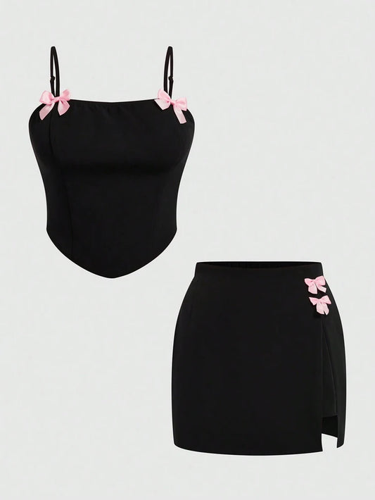 Top & Bowknot Slit Skirt Two Piece Set