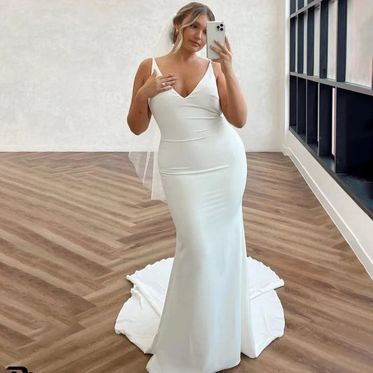 Plus Size Wedding Dress Women Simple Sleeveless V Neck Brides Banquet Wedding Party Dress Elegant mermaid Bridal Gown Customizd