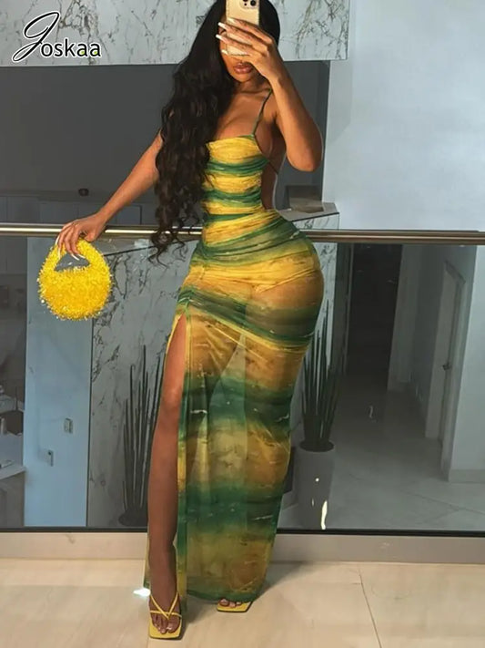 Joskaa Print Mesh See Through Long Vacation Dress Women Sexy Spaghetti Strap High Split Backless Bodycon Vestidos Party Clubwear