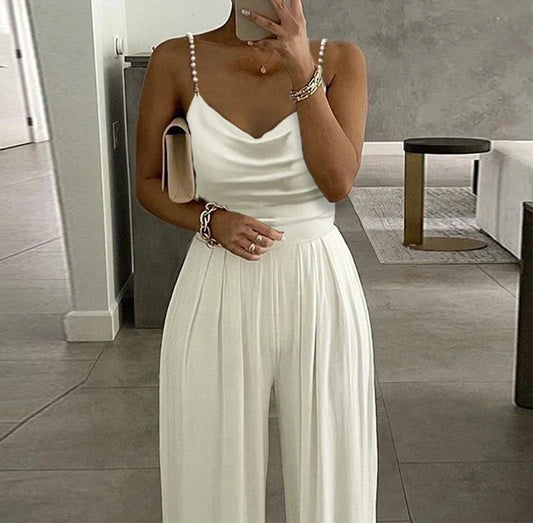 Sleeveless Jump Suits for Women Streetwear 2023 Autumn Pearl Suspender Wide Leg V-neck Backless Long Pants Jumpsuits of Female