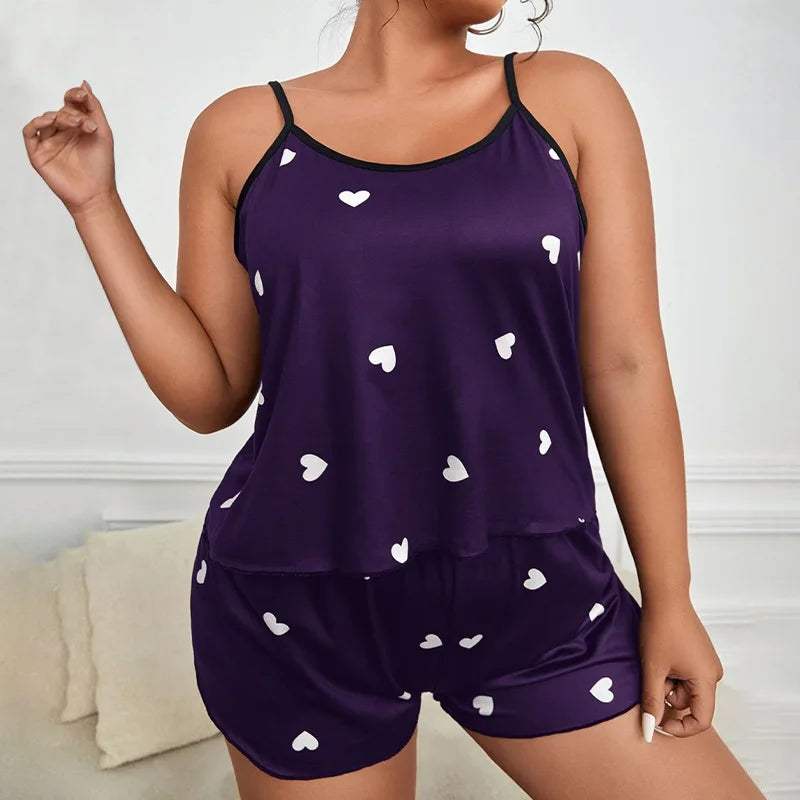 Plus Size Strap Pajama Set For Women Sexy Tank Tops+Shorts Suit Female XL-5XL Leisure Loose Home Clothes Printed Pattern Pajamas