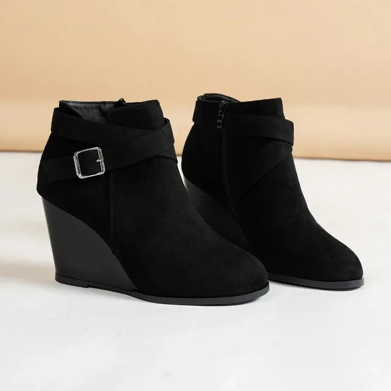 Suede Side Zip Ankle Wedge Boots