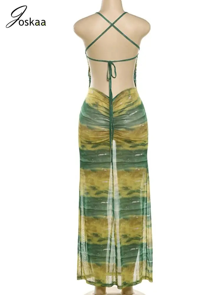 Joskaa Print Mesh See Through Long Vacation Dress Women Sexy Spaghetti Strap High Split Backless Bodycon Vestidos Party Clubwear