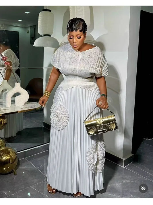 2 Piece Pleated Top Long Skirt Set