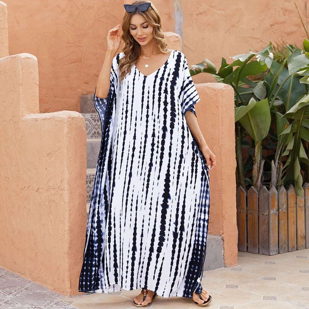 Plus Size Boho Cover Up Dress, Women's Plus Colorblock Floral Print Bat Sleeve V Neck Slight Stretch Split Cover Up Dress