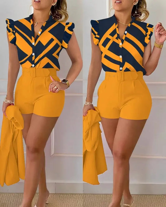 Button Top & Shorts With Belt 2 Piece Set