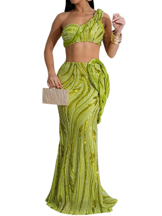 Sexy One Shoulder Sequined 2 Piece Skirt Set