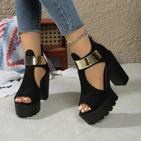 Open Toe Cutout Platform Rear Zipper Non-Slip Block Heels