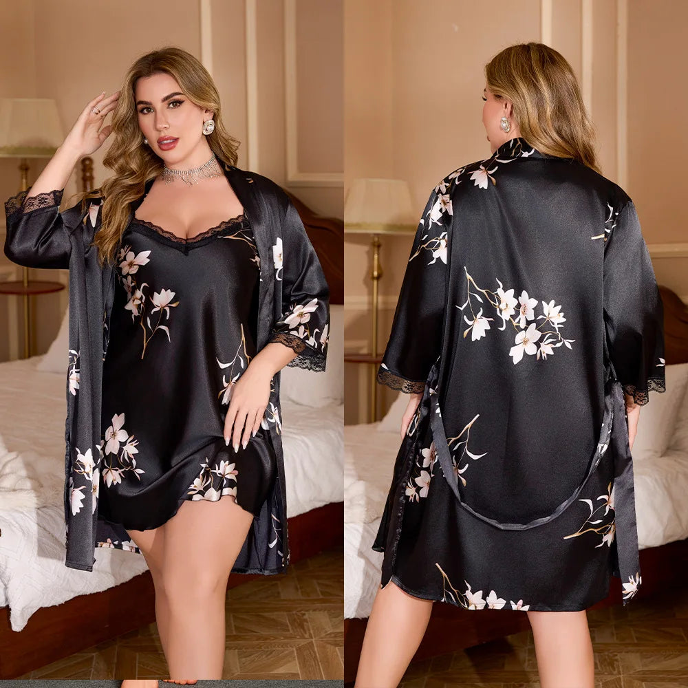 Plus Size 5XL Women's Short Style 2PCS Robe Set Night Gown Spring Summer Sleepwear Kimono Bathrobe Print Satin Homewear