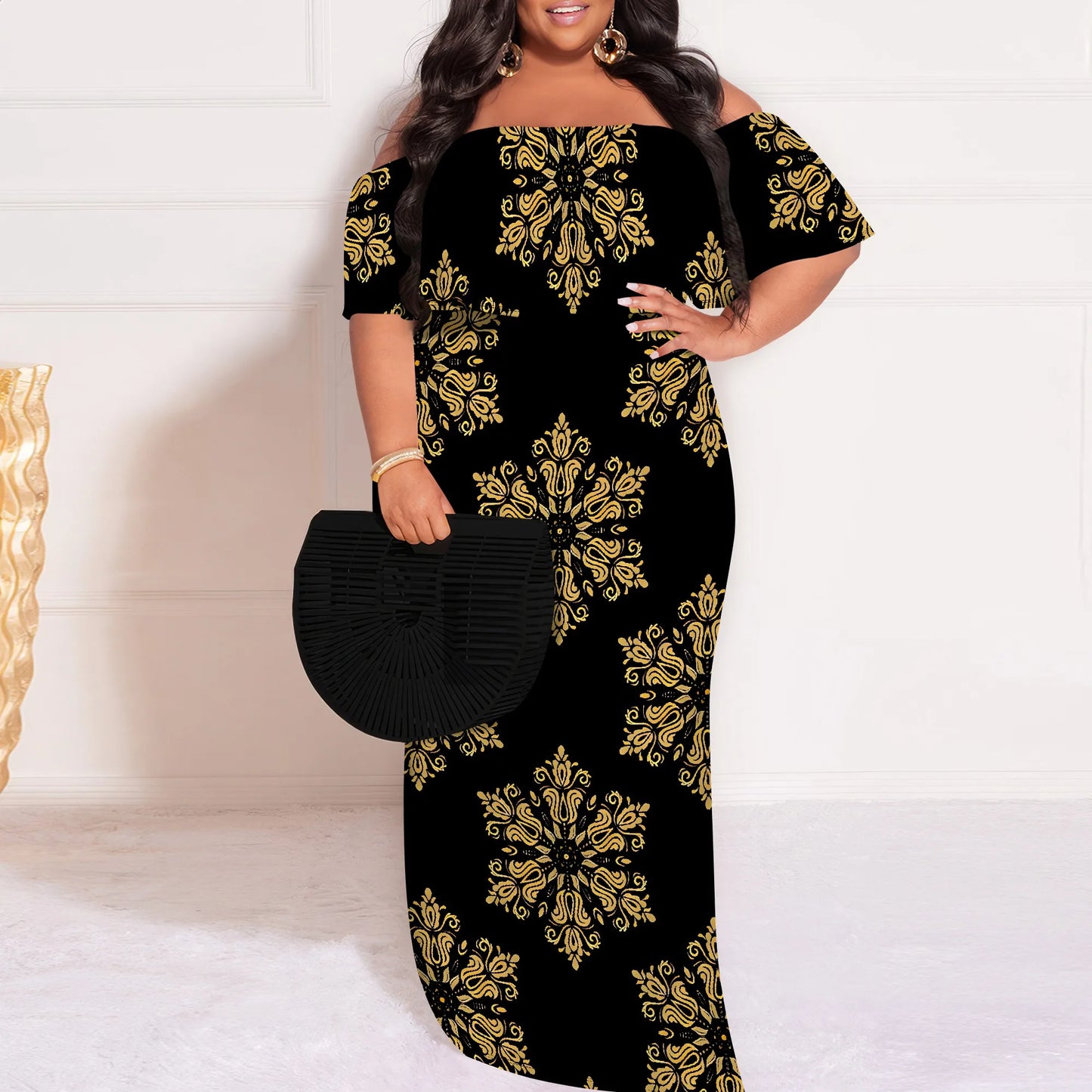 Plus Size Elegant Off Shoulder Dress for Women African Inspired Pattern Long Evening Gown