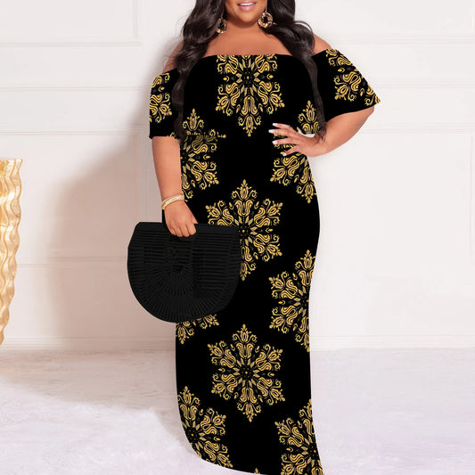 Plus Size Elegant Off Shoulder Dress for Women African Inspired Pattern Long Evening Gown