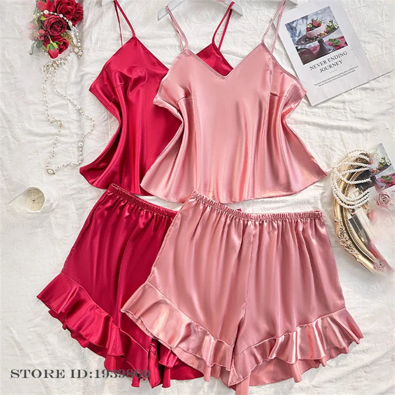 Plus Size 3XL 4XL 5XL Pajamas 2Pcs Set Sexy Strap Top&shorts Pijamas Suit Lingerie Summer Satin Sleepwear Print Flower Homewear