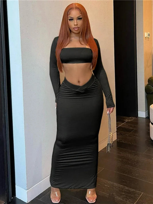 2 Piece Sets Women Outfits Casual Conjuntos Feminino Elegante Square Collar Crop Top Slim Skirt Long Sleeve Ensembles De Jupes
