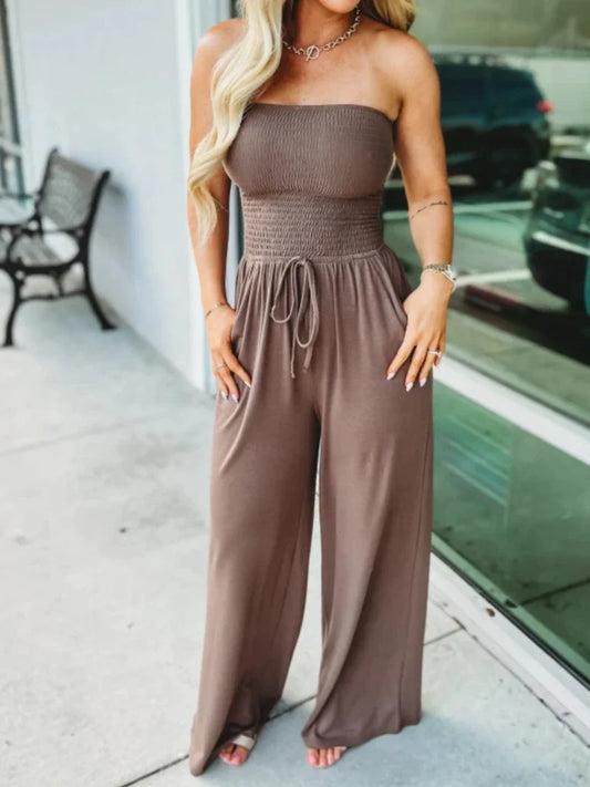 Jumpsuits Women Bodysuit One Pieces Outfits Romper Sexy Flat Shoulder Wrapped Chest Wide Leg Siamese Summer Female Clothing